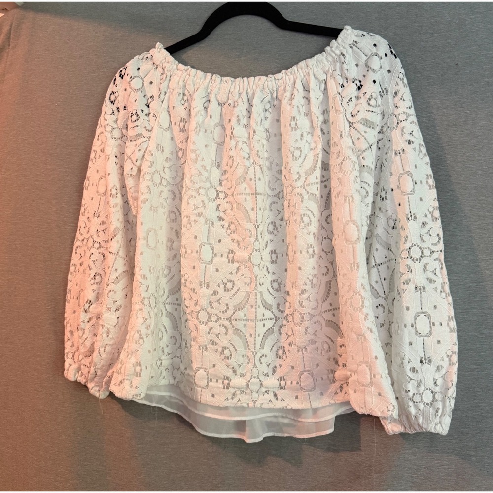 WHBM Lace Blouse Women M White Off Shoulder Balloon Sleeve Tope - Picture 2 of 4